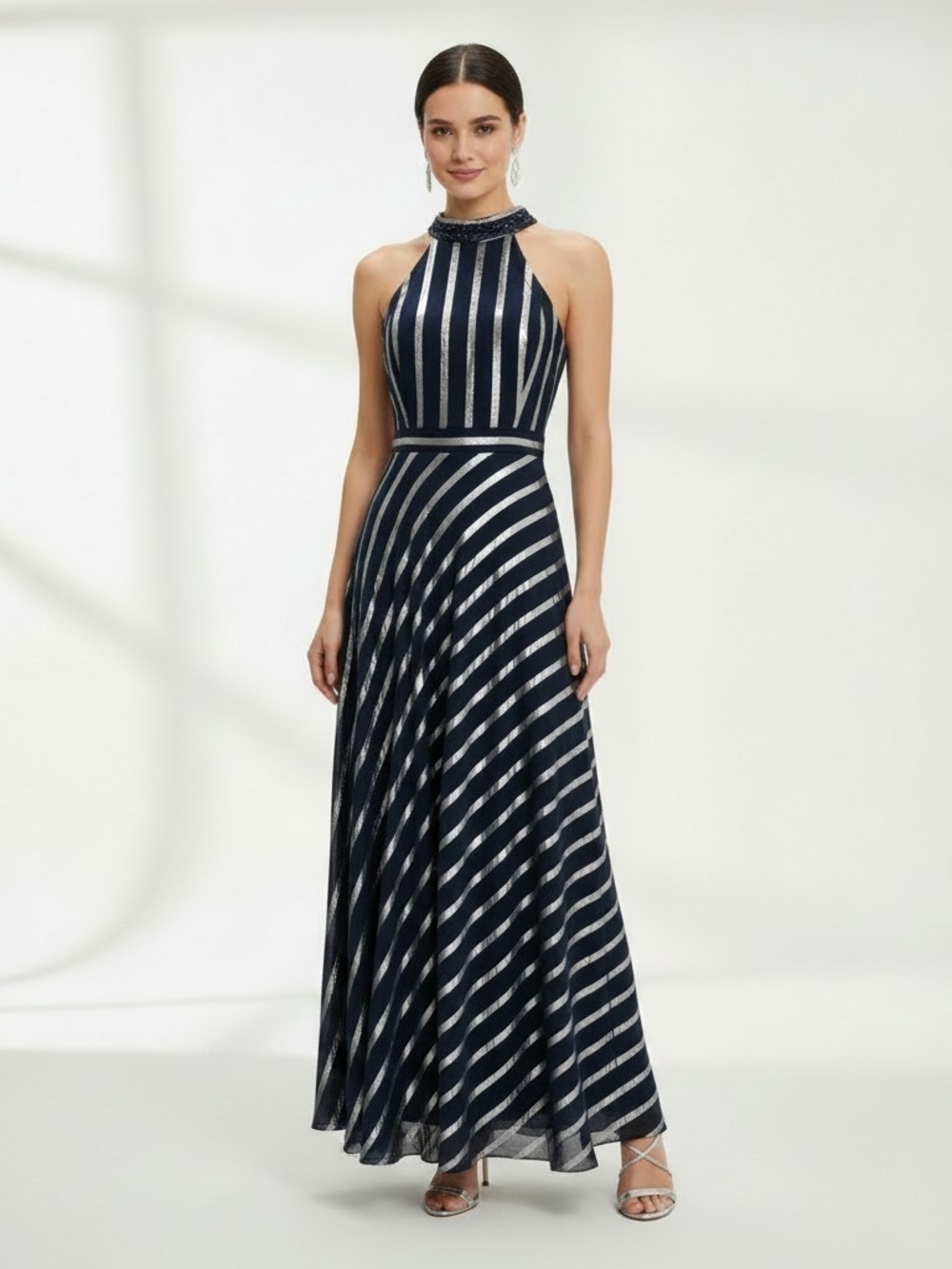 Laundry by Shelli Segal Metallic Stripe Halter High Neck ALine Maxi Gown Size 14